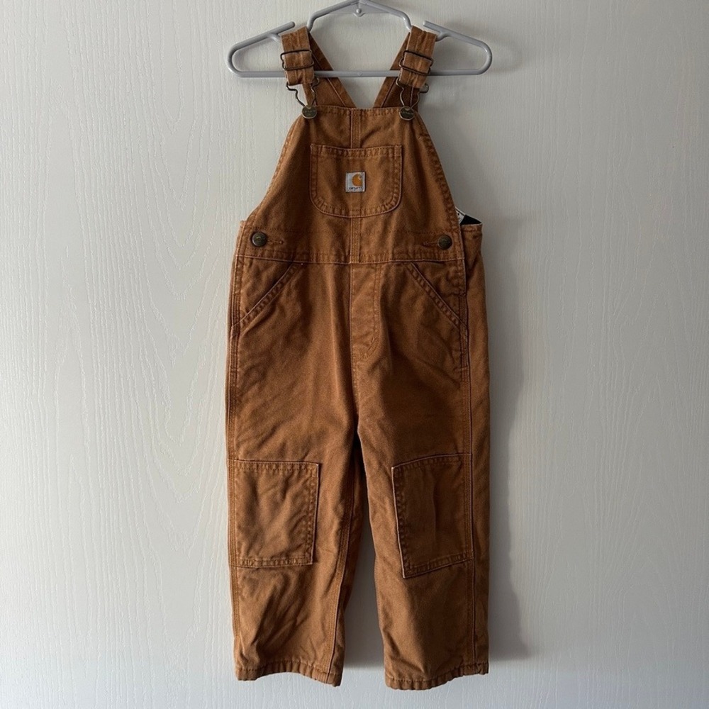 Carhartt Kids Toddler 2T Brown Duck Canvas Double Knee Flannel Lined Overalls